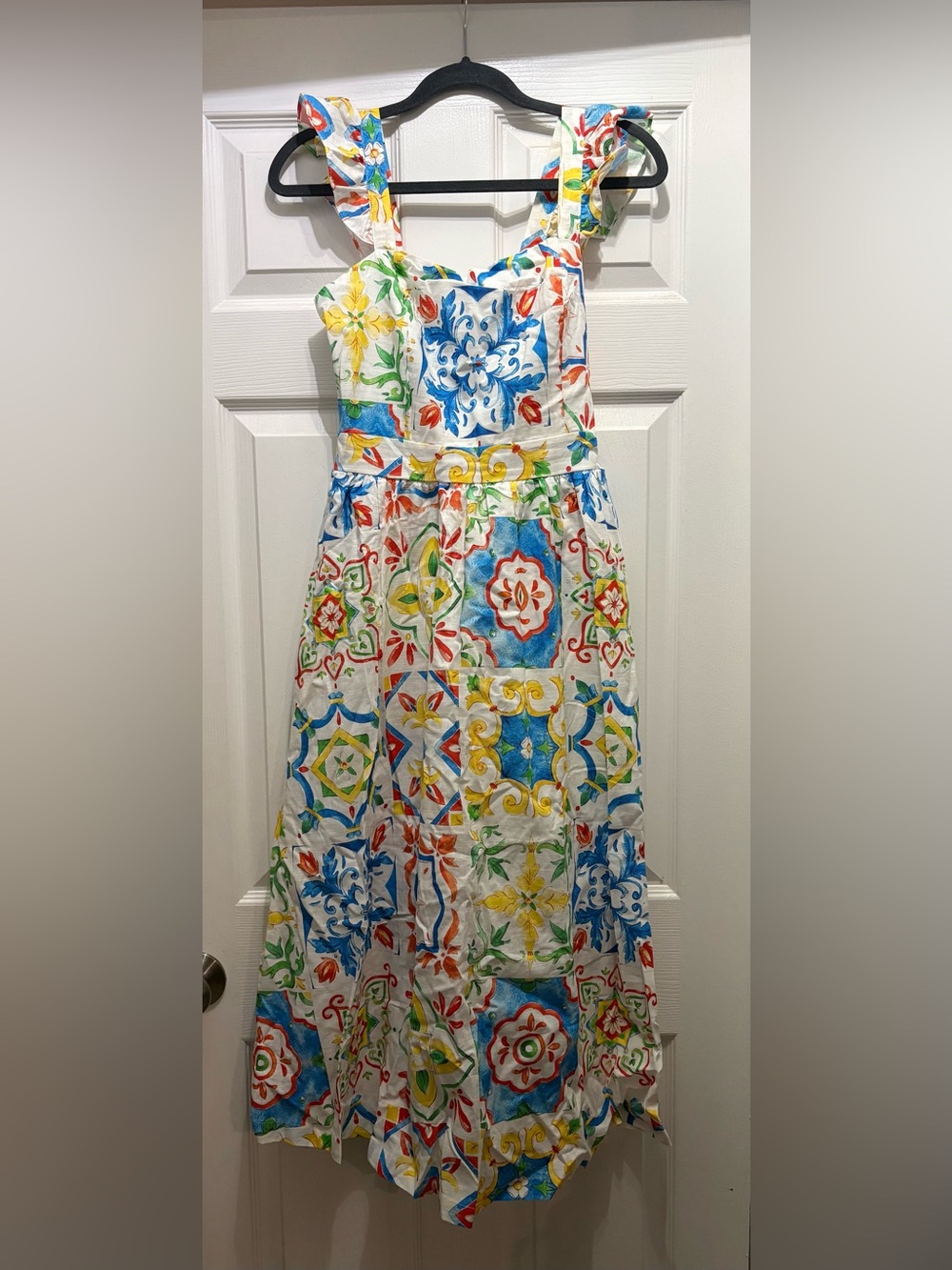 Prosperina Nicola Sicilian Tile Print Ruffle Midi Dress